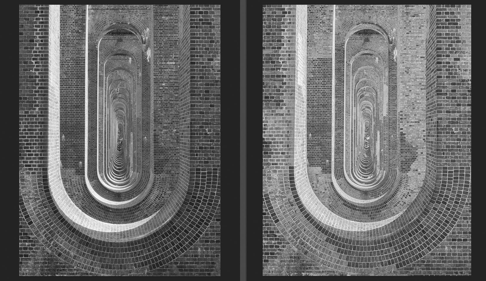 Infrared is on the right, colour converted to B&W is on the left.... study carefully.