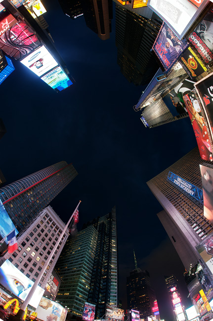 Times Square, Manhattan - fisheye lens image looking vertically upwards